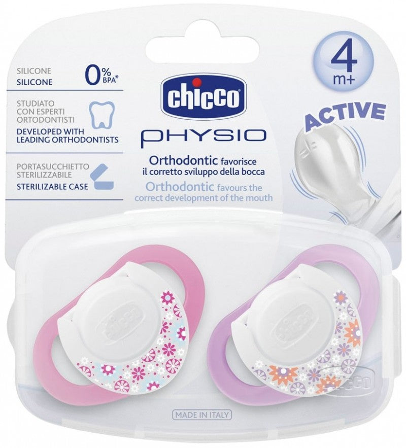 CHICCO Physio Orthodontic Active, Πιπίλα Σιλικόνης με Θήκη 4+m (2 τμχ.)