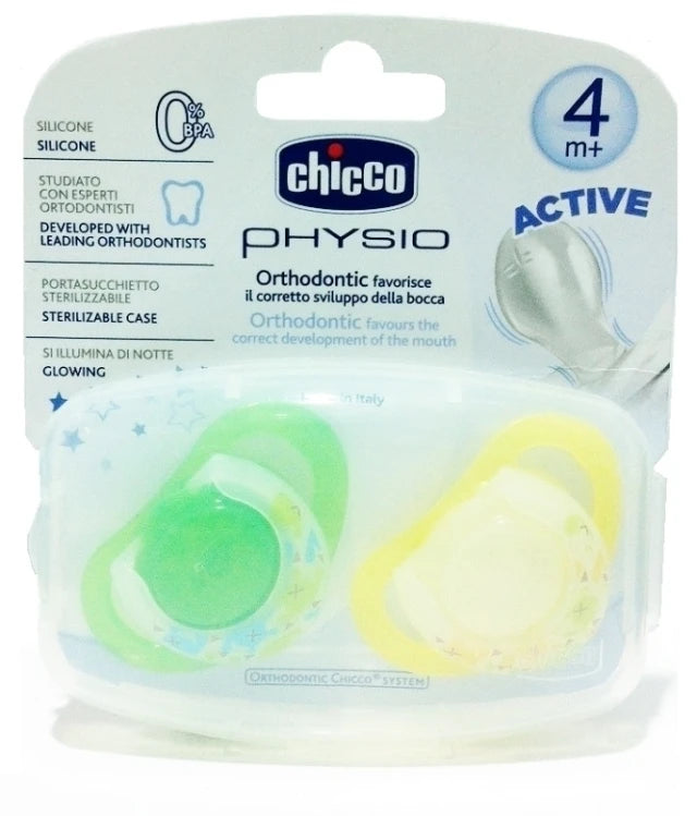 CHICCO Physio Orthodontic Active, Πιπίλα Σιλικόνης με Θήκη 4+m (2 τμχ.)