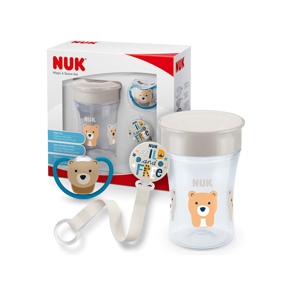 Nuk Magic Cup & Space Σετ Με Εκπαιδευτικό Διαφανές Ποτήρι Αρκουδάκι, 230ml & Κορδέλα & Πιπίλα Space 6+m