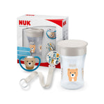 Nuk Magic Cup & Space Σετ Με Εκπαιδευτικό Διαφανές Ποτήρι Αρκουδάκι, 230ml & Κορδέλα & Πιπίλα Space 6+m