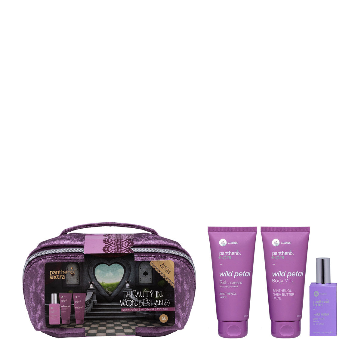 MEDISEI Panthenol Extra PROMOWild Petal Eau De Toilette 50ml, 3in1 Cleanser 100ml & Body Milk 100ml.