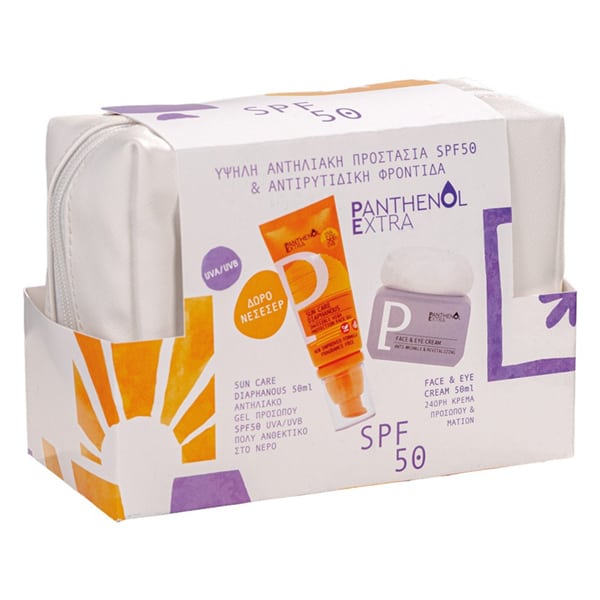 Panthenol Extra Promo Glass Skin Routine Aντιηλιακό Gel Προσώπου SPF50, 50ml, 24ωρη Κρέμα Προσώπου & Ματιών, 50ml & Δώρο Νεσεσέρ, 1τεμ, 1σετ