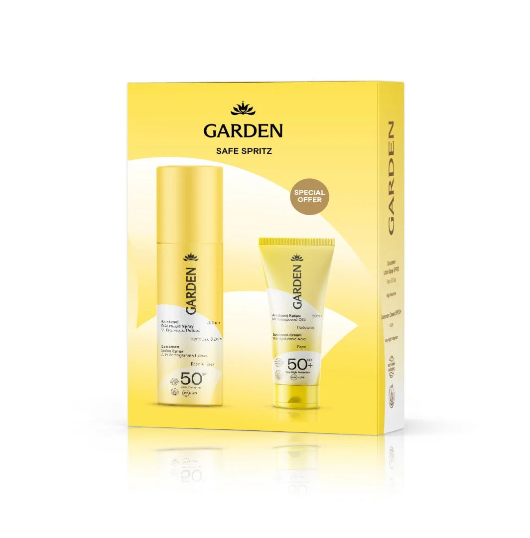 GARDEN OF PANTHENOLS sun Box Safe Spritz, Αντηλιακό Γαλάκτωμα Spray με Εκχύλισμα Ροδιού Πρόσωπο & Σώμα SPF50 200ml + Αντηλιακή Κρέμα Προσώπου με Υαλουρονικό Οξύ SPF50+ 50ml