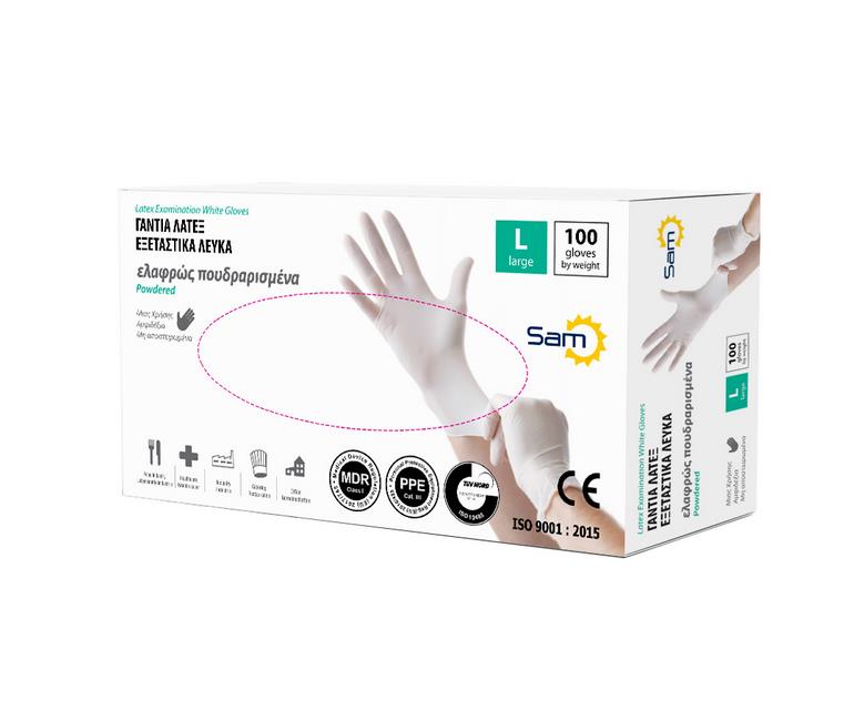 SAM Γάντια λάτεξ λευκός πουδραρισμένα-L/100τμχ