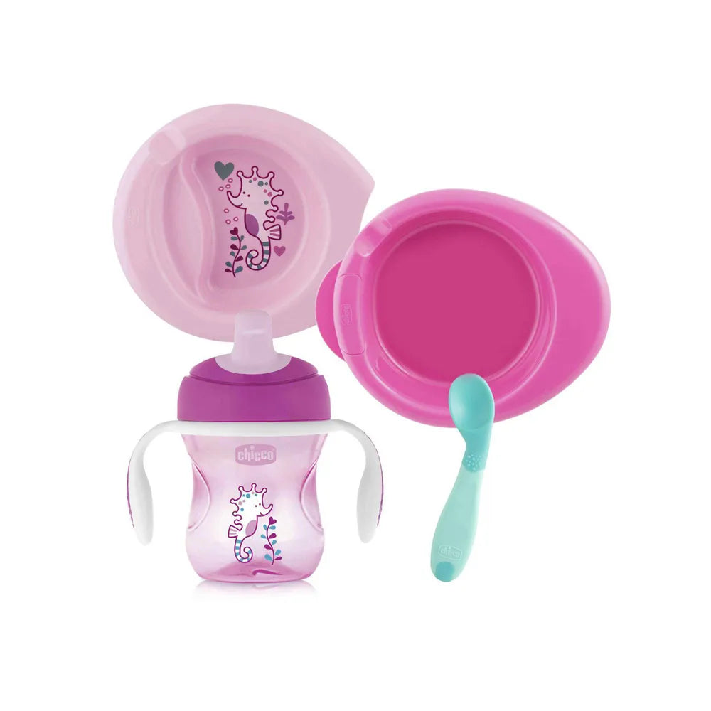 CHICCO Σετ Φαγητού (Πιάτο/Μπωλ – Ποτήρι – Σετ Κουτάλι) 6m+ Ροζ