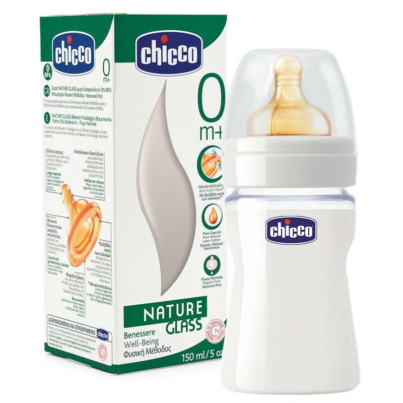 CHICCO Nature Glass, Γυάλινο Mπιμπερό, Θηλή latex, 150ml