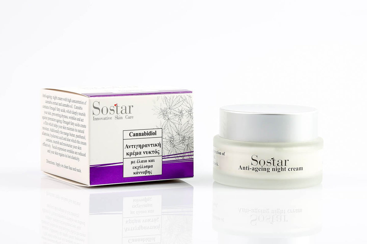 SOSTAR Cannabidiol Αντιγηραντική Κρέμα Νύχτας με έλαιο & εκχύλισμα Κάνναβης, 50ml