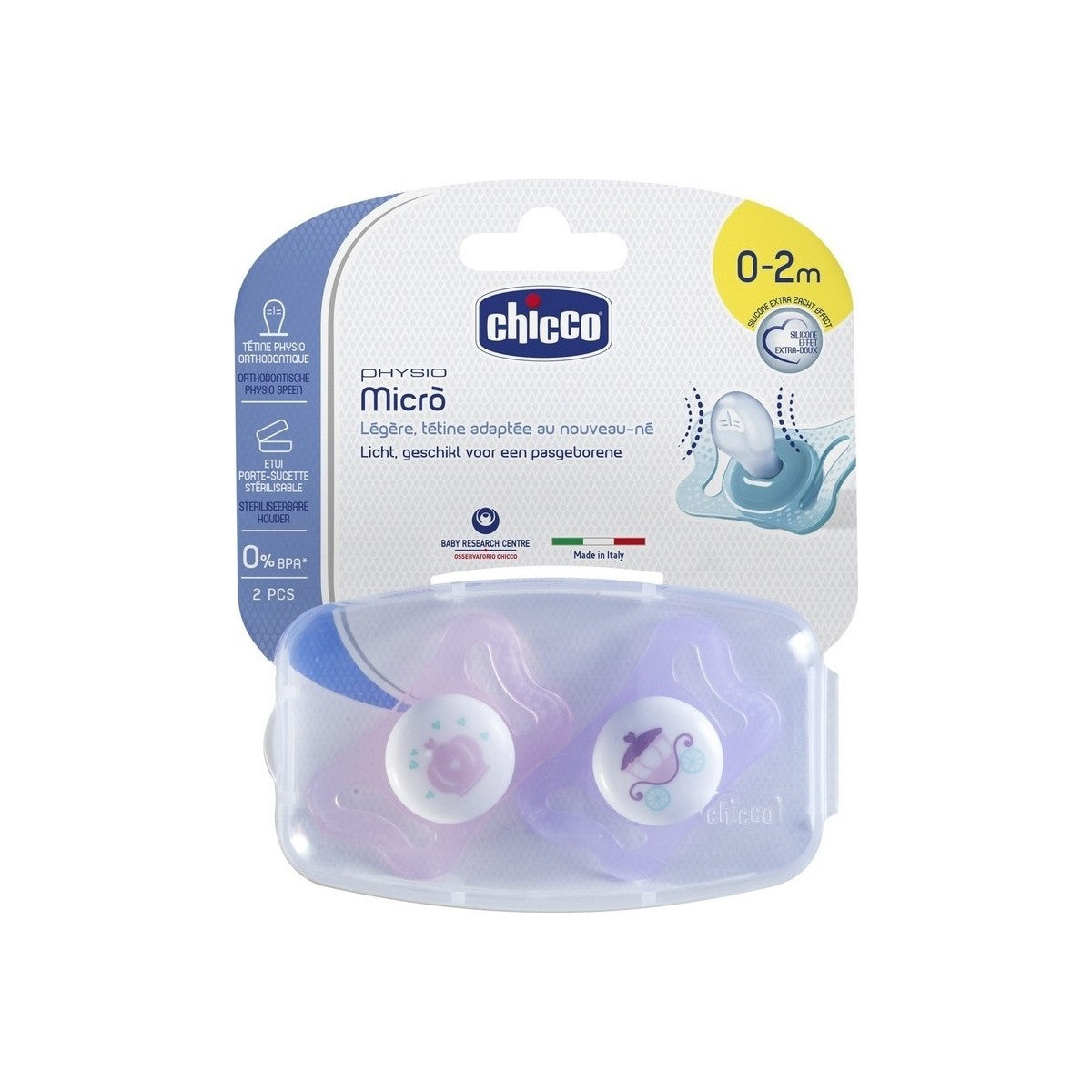 CHICCO Physio Micro Girl 0-2m Πιπίλα με Θηλή Σιλικόνης σε Ροζ Χρώμα (2τμχ)