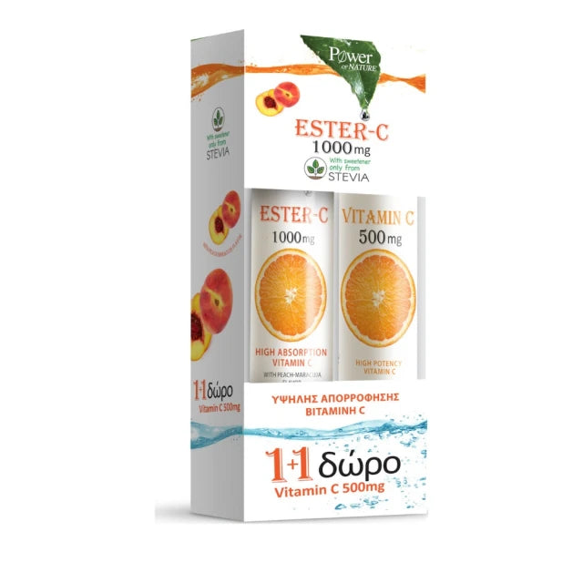 POWER HEALTH Promo Ester-C 1000mg με Στέβια 24 αναβράζοντα δισκία & Vitamin C 500mg Πορτοκάλι 20 αναβράζοντα δισκία