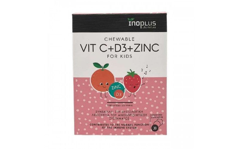 INOPLUS Vit C + D3 + Zinc for Kids 30 Μασώμενες Ταμπλέτες με Γεύση Φράουλα