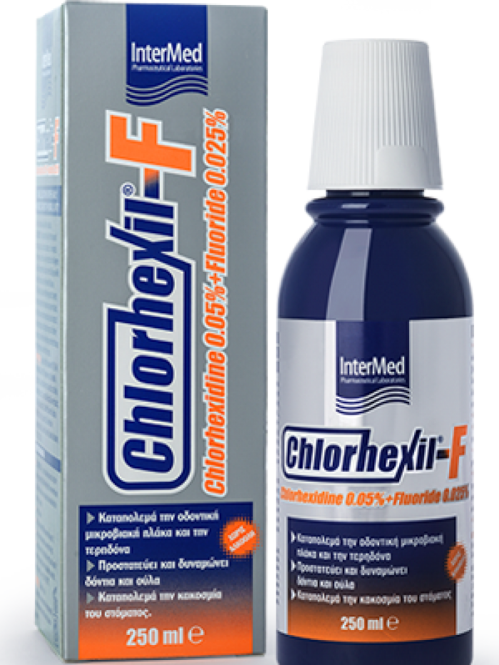 INTERMED Chlorhexil-F Mouthwash Με χλωρεξιδίνη 0,05% & φθόριο 0,025% Καθημερινή προστασία και φροντίδα των δοντιών και των ούλων - 250ml