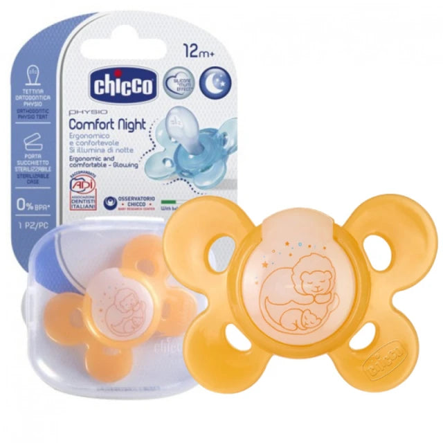 CHICCO Physio Comfort Night, Εργονομική Πιπίλα Νύχτας με Θηλή Σιλικόνης &amp; Θήκη ( 1τμχ)