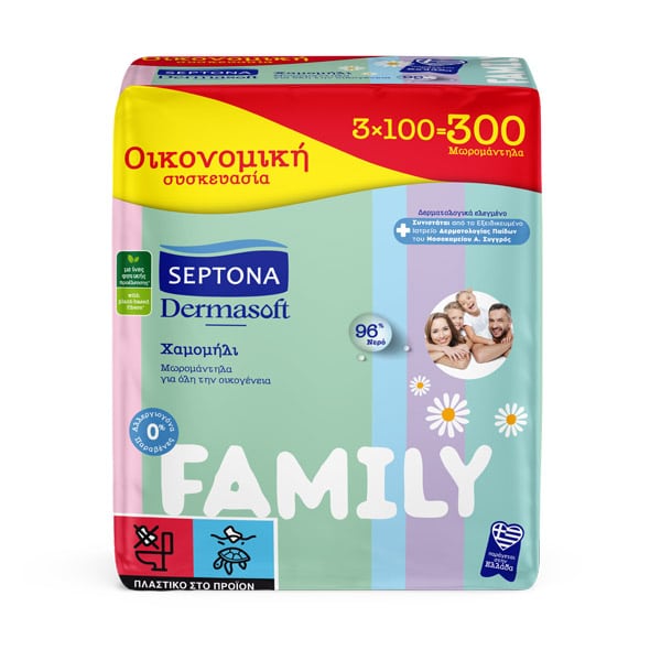 SEPTONA Promo (2+1 Δώρο) Dermasoft Family Μωρομάντηλα για Όλη την Οικογένεια με Χαμομήλι, 3x100τεμ, 1σετ