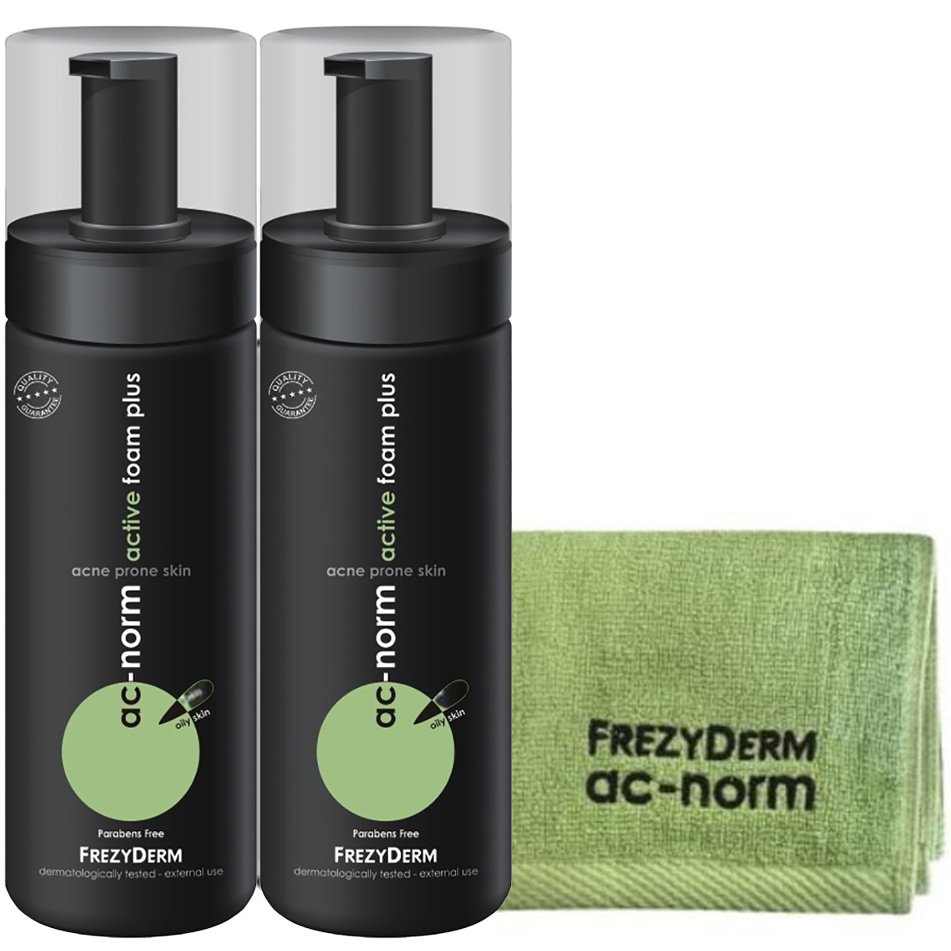 FREZYDERM Ac-Norm Active Foam Plus για Επιδερμίδες με Ακμή 2x150ml &amp; Δώρο Αντιβακτηριδιακή Πετσέτα Προσώπου 1 Τεμάχιο