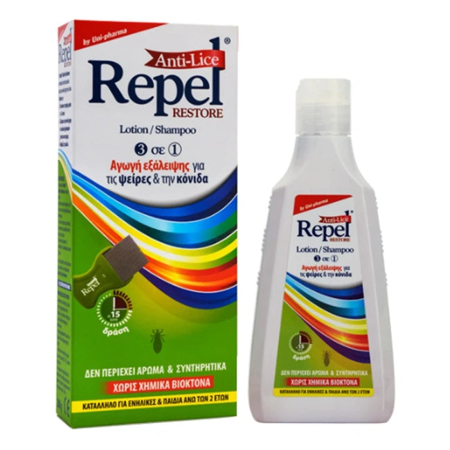 UNIPHARMA Repel Anti-lice Restore Αντιφθειρικό Σαμπουάν-Λοσιόν 3 σε 1, 200ml