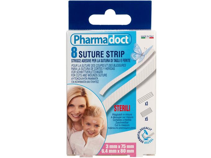 PHARMADOCT 8 Suture Strip Αυτοκόλλητα Αποστειρωμένα Ράμματα για Κοψίματα &amp; Πληγές, 2 μεγέθη 