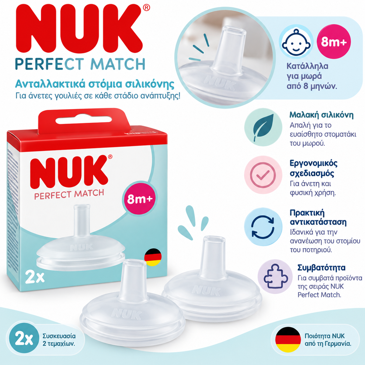 NUK Perfect Match Ανταλλακτικά Στόμια Σιλικόνης 8m+ – 2 τεμάχια