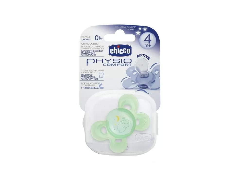 CHICCO Physio Comfort Night, Εργονομική Πιπίλα Νύχτας με Θηλή Σιλικόνης &amp; Θήκη ( 1τμχ)