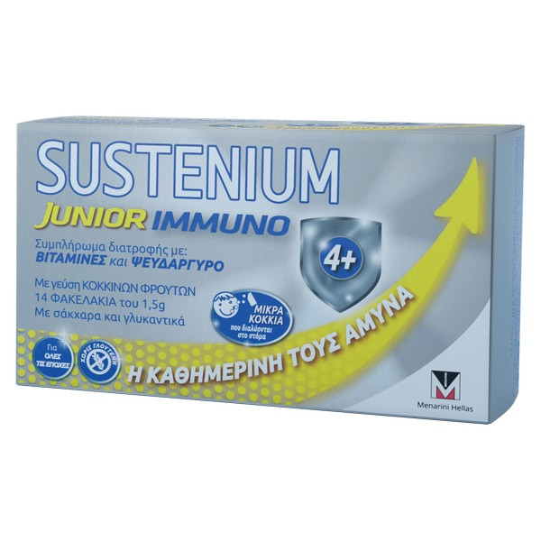MENARINI Sustenium Immuno Junior Συμπλήρωμα Διατροφής με Βιταμίνες &amp; Ψευδάργυρο Γεύση Κόκκινων Φρούτων 14 φακελάκια 