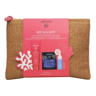 APIVITA Bee Sun Safe Hydra Fresh Gel Face Cream SPF50 50ml, Aqua Beelicious Booster 10ml, Express Beauty Face Mask Sea Lavender 2x8ml &amp; Νεσεσέρ Ψάθινο 
