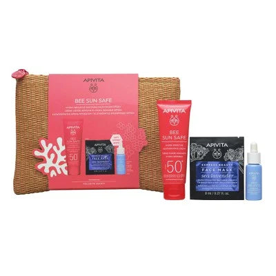 APIVITA Bee Sun Safe Hydra Fresh Gel Face Cream SPF50 50ml, Aqua Beelicious Booster 10ml, Express Beauty Face Mask Sea Lavender 2x8ml &amp; Νεσεσέρ Ψάθινο 
