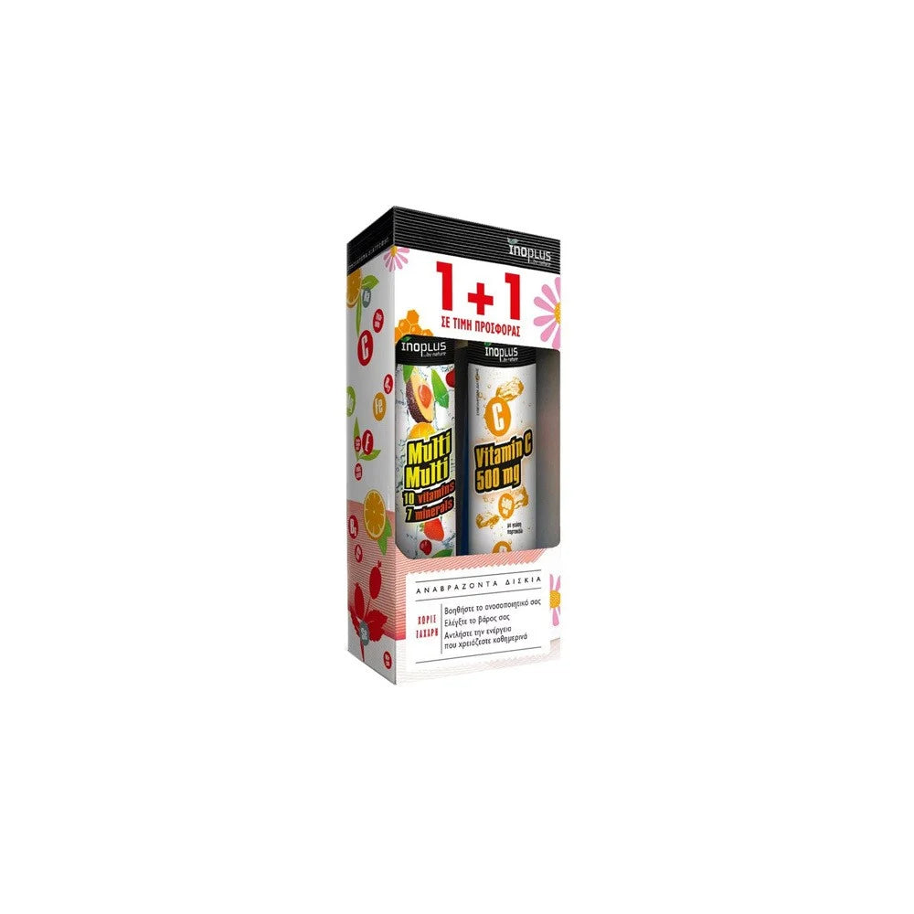 INOPLUS Promo (1+1 Δώρο) Multi Multi 10 Vitamins 7 Minerals Πολυβιταμίνες 20 αναβράζουσες ταμπλέτες &amp; Vitamin C 500mg Βιταμίνη C 20 αναβράζουσες ταμπλέτες